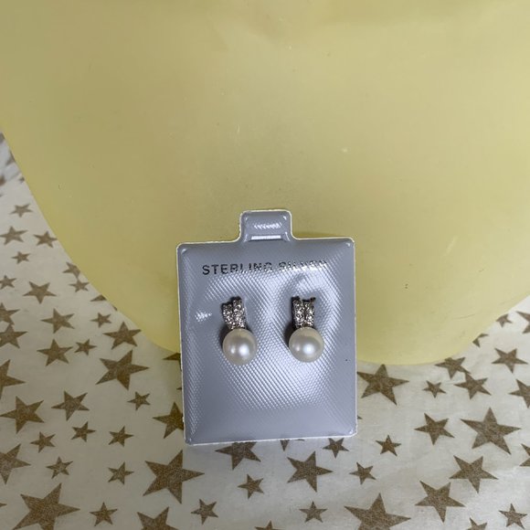NEW Fancy Genuine Pearl & CZs Stud Earrings in Real Silver (not plated) - Picture 4 of 9